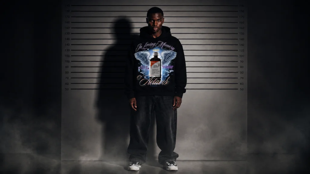 Cough Syrup black hoodie with wing graphic worn in a height-chart studio setting